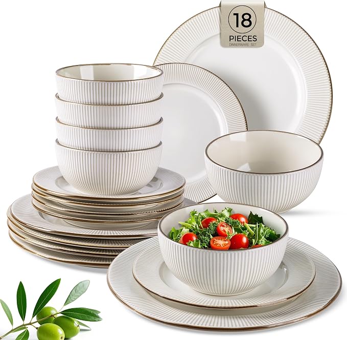 GBHOME Ceramic Dinnerware Sets of 6,18 pcs Plates and Bowls Sets Dishes | Embossed Elegant Stoneware Dishes Set | Dishwasher & Microwave Safe | Service for 4