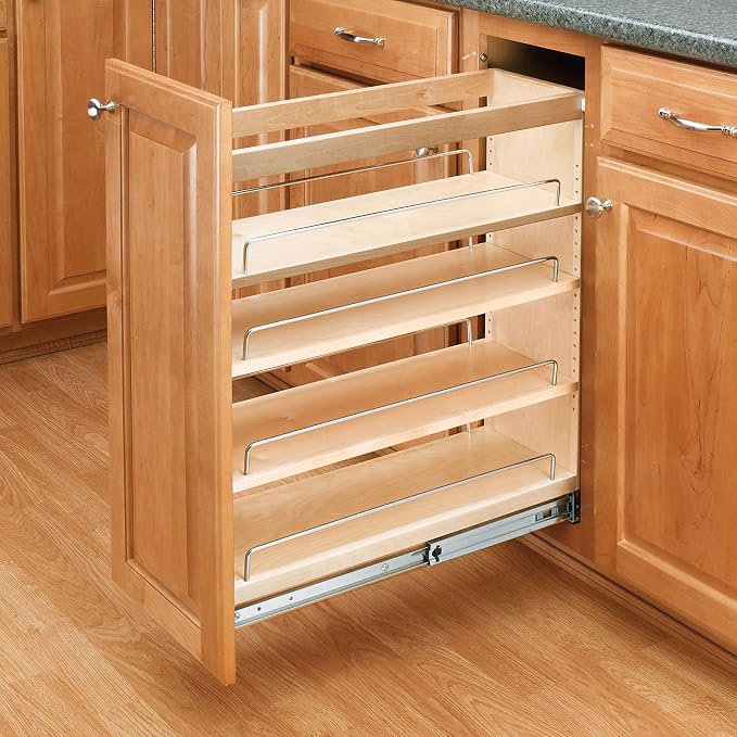 Rev-A-Shelf Pullout Kitchen Cabinet Organizer, Min Cabinet Opening 7" W | 7" W Full Extension Slide-Out Organizer with Adjustable Shelves for Full Height Base Cabinets, 448-BC-6C