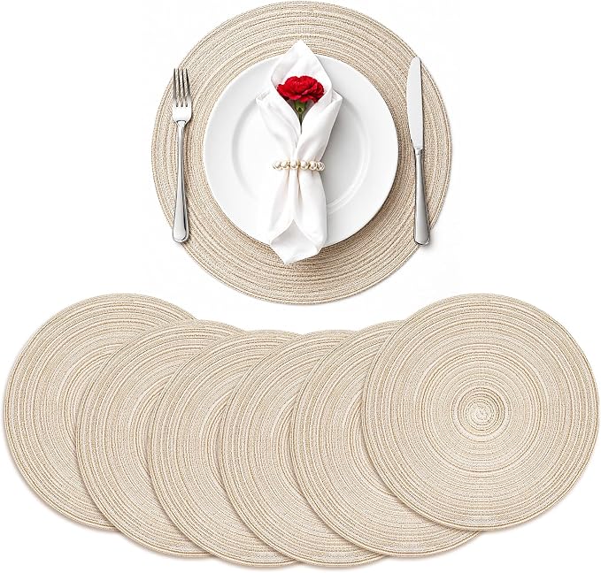 TaroKitc 15 in Round Placemats Set of 6, Washable Woven Placemats Heat Resistant Cotton Polyester Braided Table Mat, Non-Slip Circle Place Mats for Kitchen Dining Table Decor - Beige