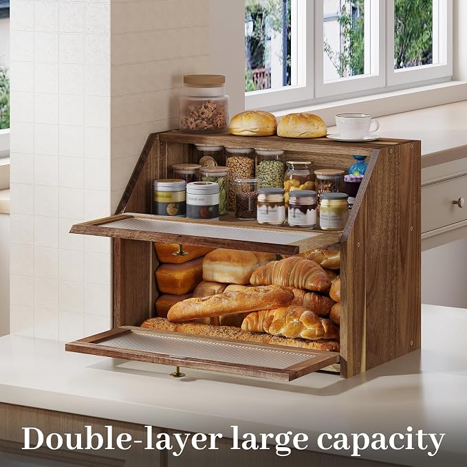 Kitsanery Bread Box for Kitchen Countertop, Acacia Wood Bread Storage Container, 2 Layer Large bread holder, Pantry Organizers, Corner Vintage Decor