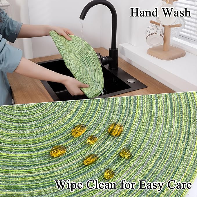 SHACOS Round Placemats Set of 6 for Dining Tables 15 inch Cotton Braided Placemats Washable Reversible for Kitchen Holiday Party (Mixed Color Pea Green, 6)