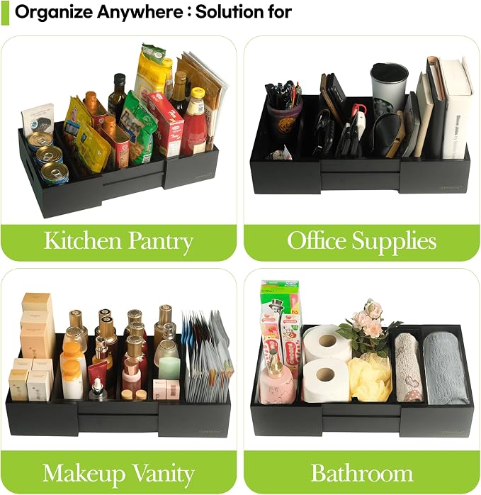Expandable Bamboo Kitchen Cabinet Organizer for Food Container Lids Holder | Adjustable drawer organizer with 3 dividers for food container lids, bamboo lid organizer for kitchen cabinet lid storage