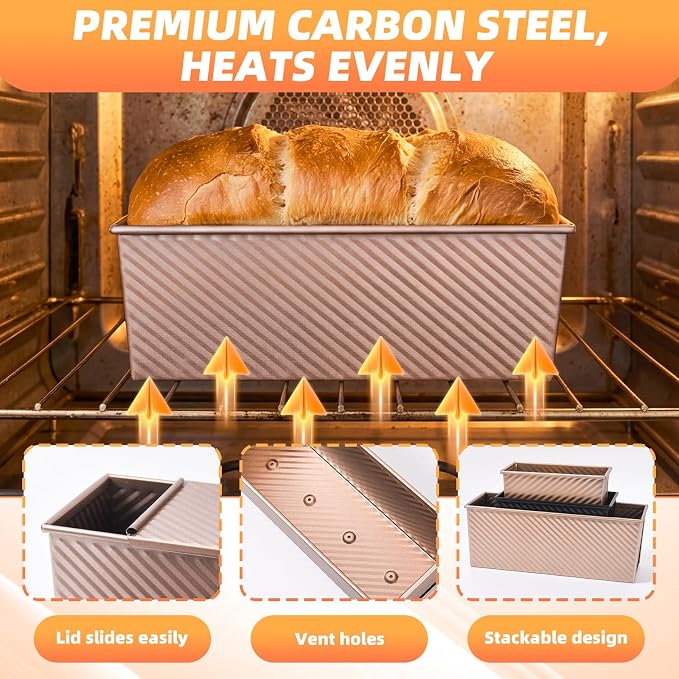 3 PCS Pullman Loaf Pan with Lid, 2.2 lb & 1 lb & 0.8 lb Dough Capacity, Nonstick Carbon Steel Sandwich Bread Pans with Covers for Homemade Sourdough Baking
