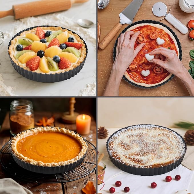 9.5" Fluted Non-Stick Carbon Steel Tart Pan with Removable Bottom | Easy Release Removable Bottom, For Tarts Pies Quiches Fruit & Brownies, Easy to Clean, Multipurpose Bakeware