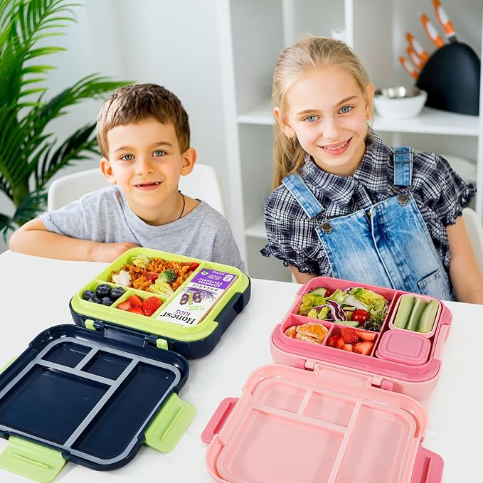 Caperci Bento Box for Kids Age 4-8 - Leak-Proof Toddler Lunch Box Container with 2 Modular Containers & 4-Compartment, Hold 4.8 Cups, Portable Handle, BPA-Free, Microwave/Dishwasher Safe (Dinosaur)