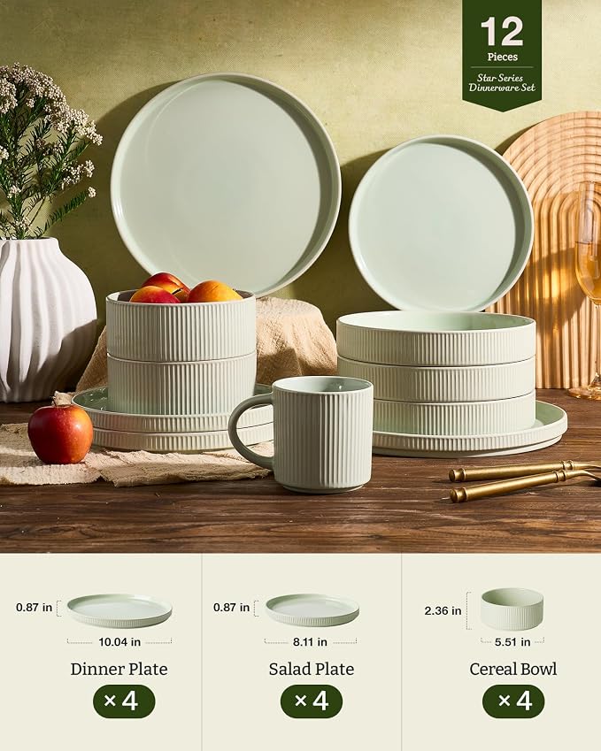 Famiware Ceramic Plates and Bowls Set, Dinnerware Sets, Ribbed Dishes for 4 | 12-Piece Stoneware Dishware, Lipped Edges, Chip & Scratch Resistant, Microwave & Dishwasher Safe, Everyday Use, Light Green