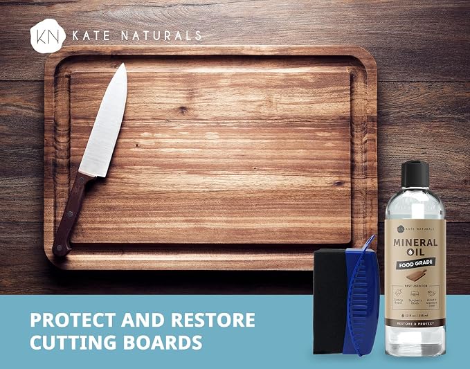 Kate Naturals Mineral Oil for Cutting Board 12oz with Wax Applicator | Food Grade & Food Safe Mineral Oil to Protect Wood on Cutting Boards, Butcher Block & Bamboo Boards