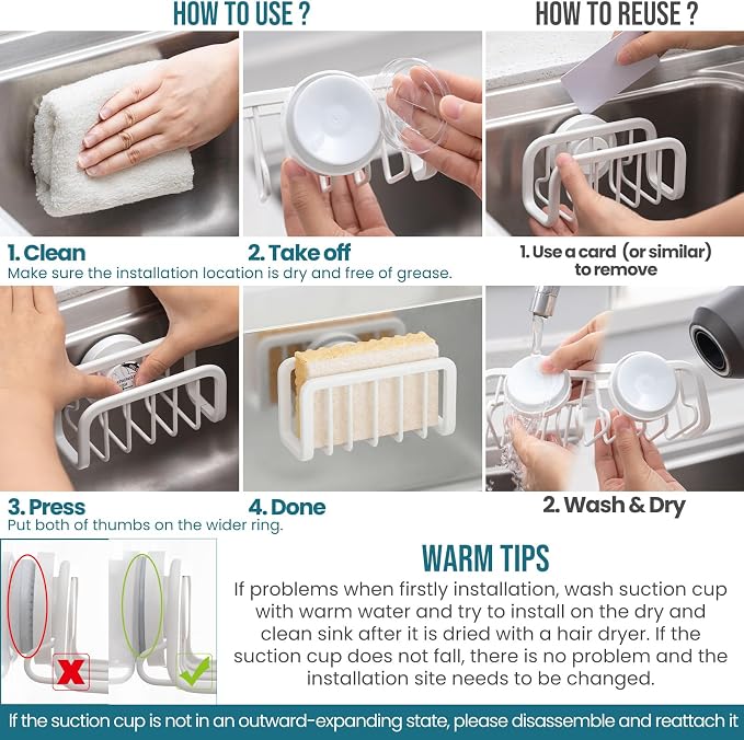 TAILI White Sponge Holder for Kitchen Sink with Strong Suction Cup | Removable Sink Caddy for Kitchen Sink Oganizer, Rustproof Aluminum Sink Sponge Holder for Scraper Brushes, Stoppers