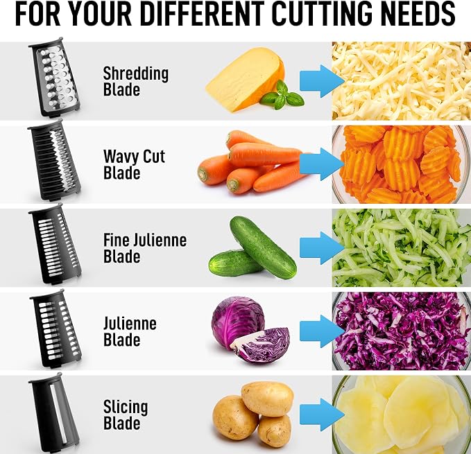 Zulay Kitchen Rotary Cheese Grater 5 Blade Cheese Shredder - Manual Hand Crank Cheese Grater With Reinforced Suction & 5 Interchangeable Drums - Easy to Use, Vegetable Chopper Round Mandoline Slicer