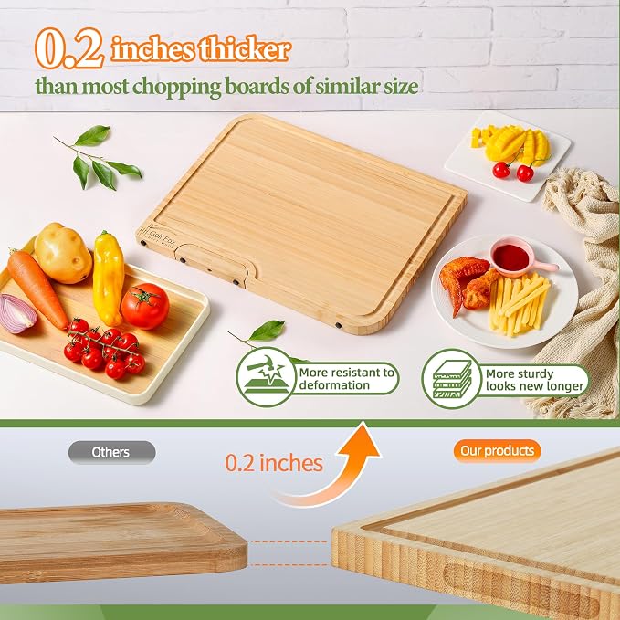 Golffox Wood Cutting Board Set, Bamboo Chopping & Charcuterie for Kitchen | Non Toxic Bamboo Cutting Board with Stand, Built-in Handles, Deep Juice Grooves, for Meat, Vegetables & Fruits, Ready-to-Gift