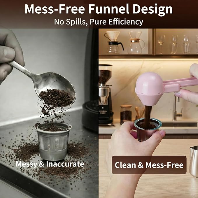 Coffee Scoop with Funnel for Reusable K Cup, 2 TBSP Measuring Spoon | Mess-Free Funnel Design, Sliding Leveler for Precise 2 TBSP, Long Handle for Coffee, Protein Powder & Tea (1-Pack)
