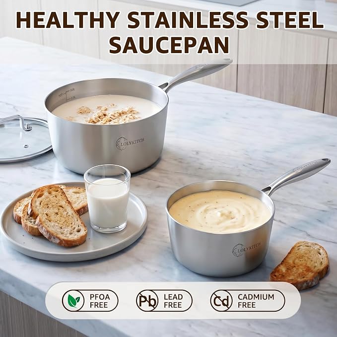 LOLYKITCH 1.5QT & 3QT Stainless Steel Saucepan Set with Glass Lids | Tri-Ply | Uncoated | Heavy Bottom | Cooking Pots | Metal Sauce Pans for Induction Cooktop | Ergonomic Handle