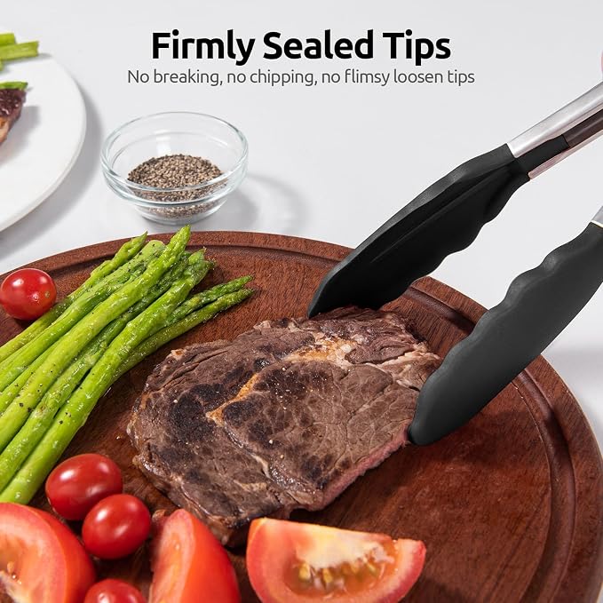 U-Taste Kitchen Tong for Cooking, 600ºF Heat-Resistant Silicone, 7in/Black | Small Mini Silicon Tongs for Serving Food, Short Salad Thong with Non Stick Rubber Tips & 18/8 Stainless Steel Handle