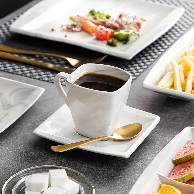 MALACASA Dinnerware Sets, 32 Pieces Porcelain Plates and Bowls Sets for 6, Marble Grey Dishes with Plates and Bowls, Cups and Saucers, Side Dish Plates, Square Dinner Set, Series Blance | Complete with Plates, Bowls, Cups, Saucers, Microwave Oven and D...