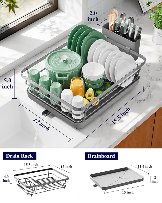 Kitsure Dish Drying Rack for Kitchen Counter, 12''W x 15.5''L, Grey | Stainless Steel Sink Organization, Cutlery Holder, Home and Appartment Decor
