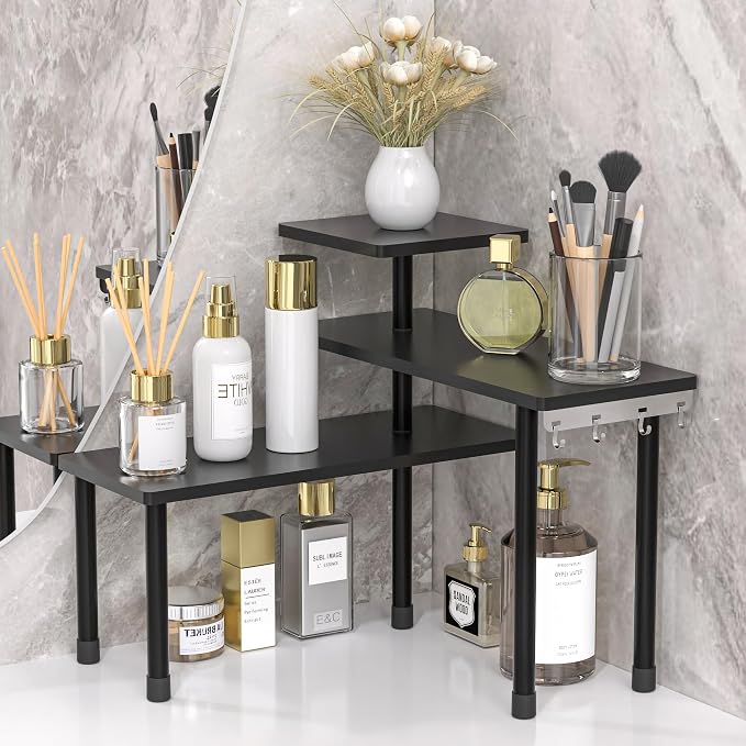 JayRex 3-Tier Bathroom Countertop Corner Shelf Organizer, Black | Space-saving corner design organizes spices, skincare and toiletries on kitchen and bathroom counters.