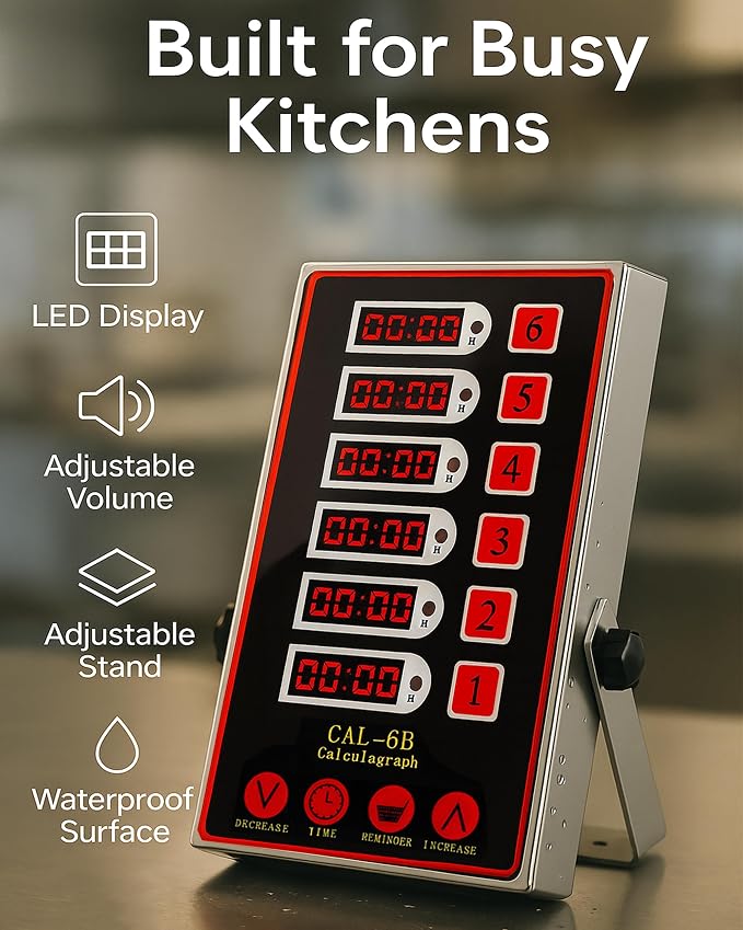 Commercial 6 Channel Kitchen Timer, Digital Stainless Steel Restaurant Timer with Loud Alarm, Multi-Event Reminder for Fryer, Baking