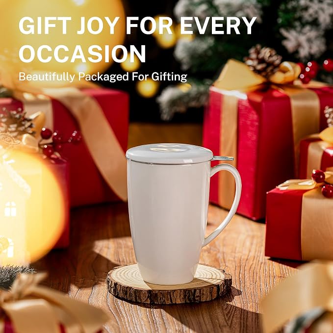 Sweese 15oz Porcelain Tea Mug with Infuser and Lid – Microwave Safe, Ergonomic Handle, Lead-Free Glaze, for Loose Leaf Tea White;
