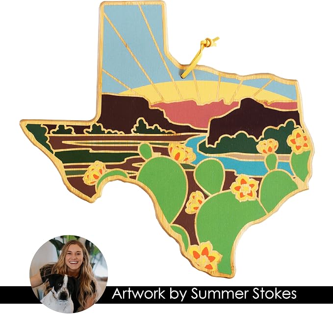 Totally Bamboo Texas State Shaped Cutting Board, Summer Stokes Art | State charcuterie board with colorful hand-drawn landscape art. Smooth reverse side for food prep. Hang tie for wall display.