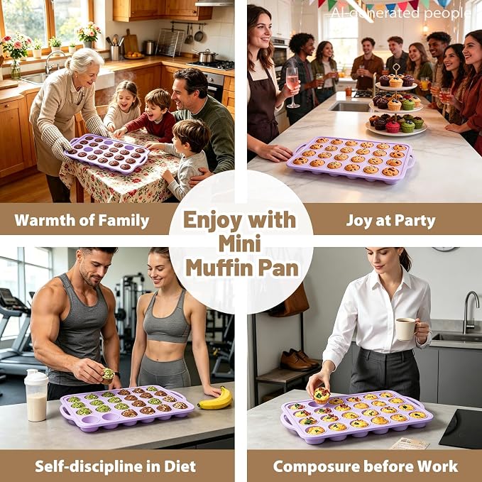 Mini Silicone Muffin Pan with Frame Non Stick Cupcake Tin Baking Mold | Silicone Cupcake Pan with Handles 24 Cup, BPA Free Silicon Muffin Tin Tray Small for Baking, Egg Bites, Cupcake Mold Purple