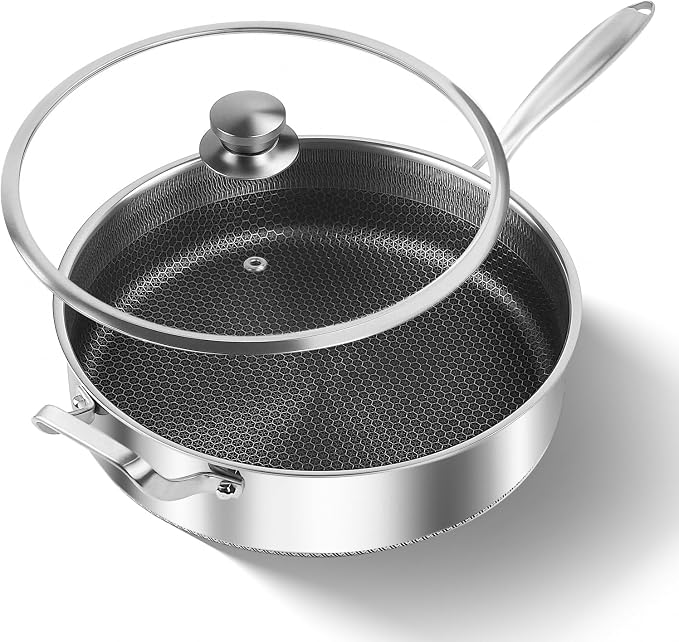 Toutrop Frying Pans Nonstick wih Lid, Non Stick Tri-Ply Stainless Steel Saute Pan, 7 Quarts Large Sauté Pan, 12 Inch Induction Cooking Pan, Dishwasher and Oven Safe, PFOA Free