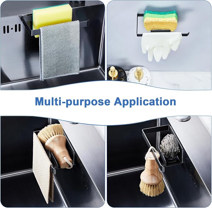 Sponge and Dish Cloth Holder for Kitchen Sink, 2 in 1 Adhesive Sink Dish Sponge Holder, Sinks Caddy Organizer Rack for Storage Sponges Scrubber Glove and Brush, Black