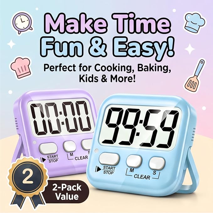 2 Pack Digital Timer for Kids Classroom Kitchen Timers for Cooking | w/ Battery, Easy to View, Alarm, Mute Mode, Count Down/Up, Magnetic, Kickstand, Hanging, Classroom Timer for Teacher Supplies