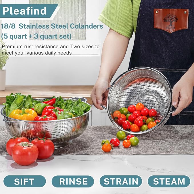 Pleafind Colander for Kitchen - 5 QT & 3 QT Stainless Steel Strainer with Handle, Kitchen Strainer Colanders Bowl for Pasta, Noodles, Spaghetti, Vegetables and Fruits, Rust-Resistant & Dishwasher Safe