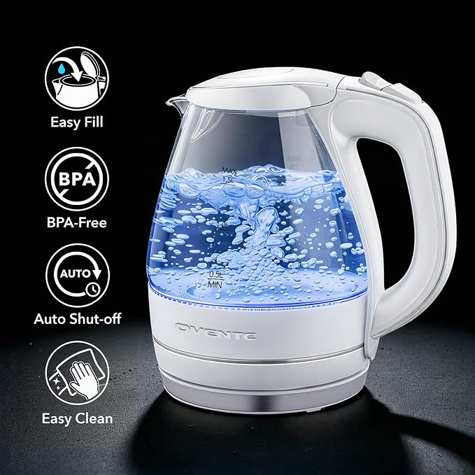 OVENTE 1.5L Glass Electric Kettle Water Boiler, White KG83W | 1100W Fast Boiling, Borosilicate Glass, BPA-Free, Blue LED, Auto Shut-Off, Boil-Dry Protection, Removable Filter, 360° Base