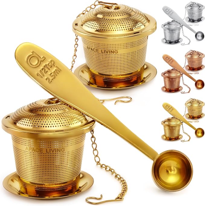 Tea Infuser Set of 2 with Tea Scoop & Drip Trays - 304 Stainless Steel Ultra Fine Mesh Loose Leaf Tea Strainer, Reusable Tea Steeper Basket for Rooibos, Green, Black, Herbal & Oolong Tea, etc