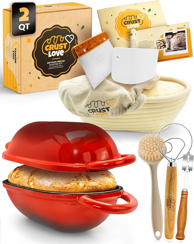 2 QT Oval Cast Iron Dutch Oven for Bread Baking with Lid & Kit | Dutch Oven for Sourdough Bread Baking, Enameled Cast Iron, Banneton, Bread Sling, Lame, Dough Whisk & Instruction Guide