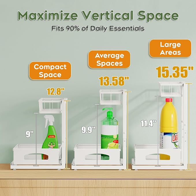 Under Sink Organizer, 2-Pack L-Shaped Metal Pull-Out Drawers for Kitchen | Cabinet Organizer Height Adjustable Heavy Duty Metal 2-Tier Storage Fits Beside Common Pipes for Bathroom Pantry