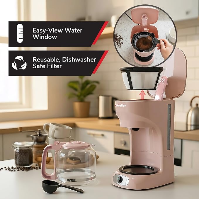MUELLER HOME 12-Cup Pink Coffee Maker | Borosilicate Carafe, Auto-Off, Reusable Filter, Anti-Drip, Keep-Warm Function