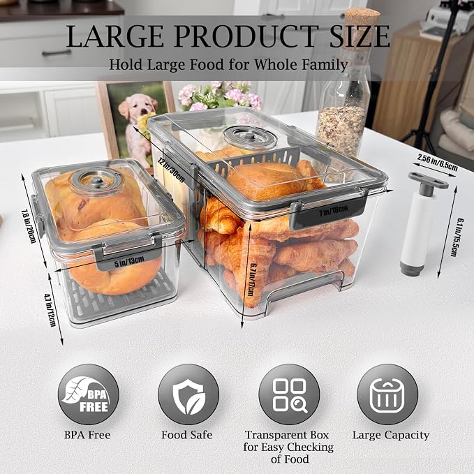 2 Pack Bread Storage Container,Bread Box, Grey, 7.5L+2.5L | Airtight Bread Box,Time Recording Lid, Extra Capacity,For Kitchen Countertop,Bread Storage Container,Homemade Breads Toast