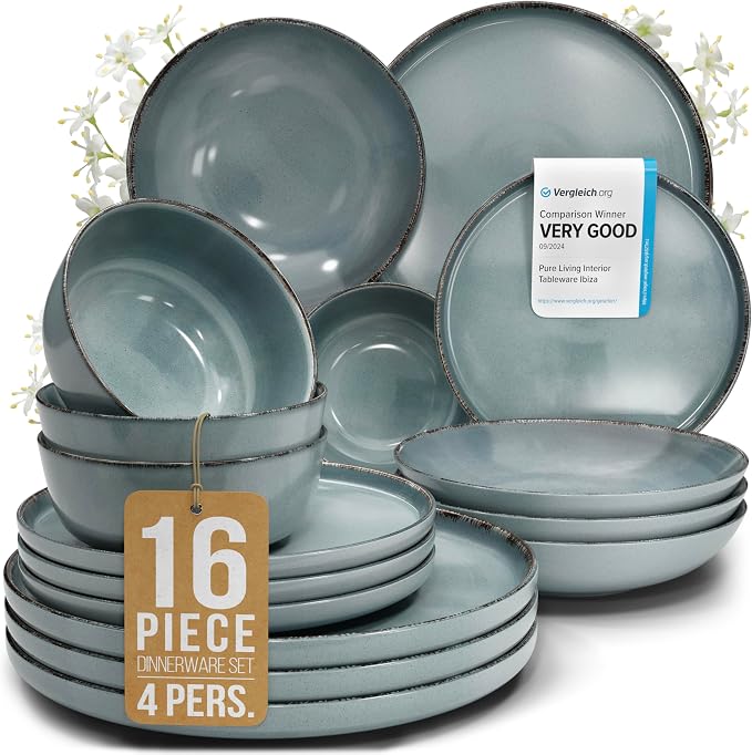 16 Piece Stoneware Dinnerware Set for 4 - Handmade Reactive Glaze Plates and Bowls Set - Chip & Scratch Resistant Dish Set - Dishwasher Microwave Safe - Rustic Smoke Blue