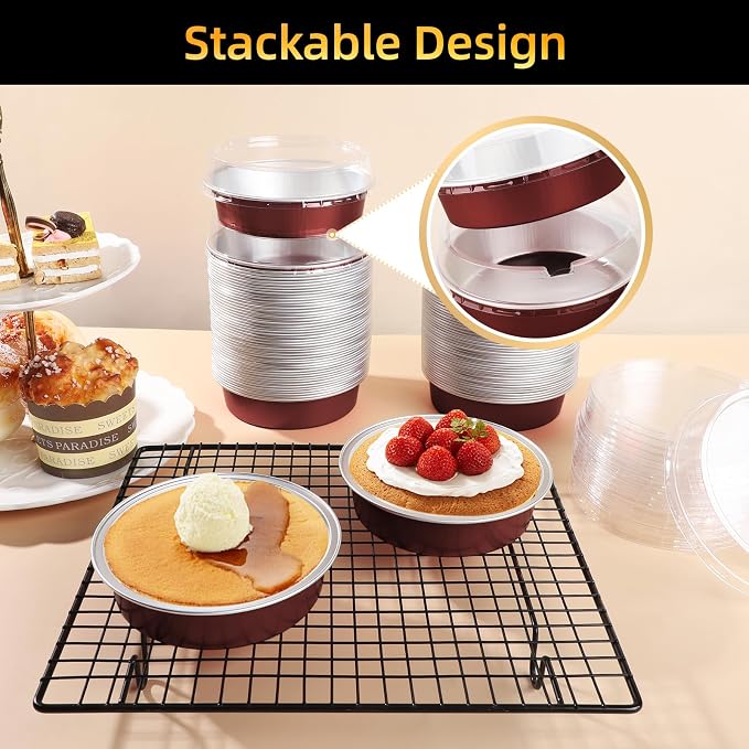 Beasea Disposable Mini Pie Tins with Lids, 120 Pack 4” 7.3oz 215ml Small Round Aluminum Baking Tart Foil Container for Individual Dessert Cupcake Cheesecake Ramekin Quiche Oven Dishes - Wine Red