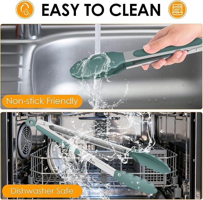 HOTEC Premium Stainless Steel Locking Kitchen Tongs with Silicon Tips, Set of 3-7", 9" and 12" (Sage Green)