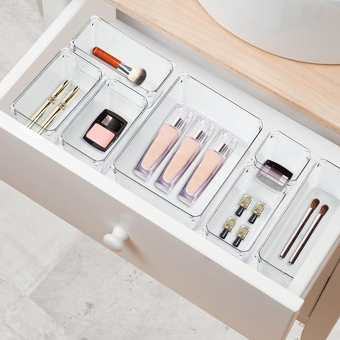 Ravinte 6 Pack Drawer Organizer, 3" x 6" Plastic Storage Bins | Acrylic Tray Design, Non-Slip Pads, For Makeup, Jewelry, Kitchen Utensils, Bathroom, Office Storage
