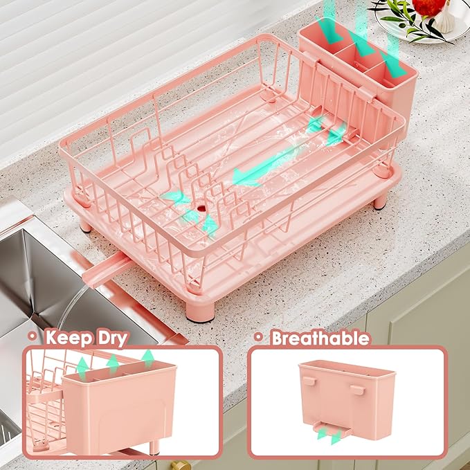 Dish Drying Rack, Stainless Steel-Dish Rack, Dish Racks for Kitchen Counter, Kitchen Dish Drainers with Removable Utensil Holder,New Drain Outlet,Plate Rack and Drainboard,(Pink-11 W x 15" L)