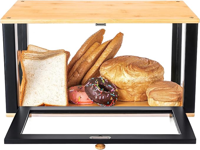 ETMI Bamboo Bread Box for Kitchen Countertop - Large Black Bread Box Pastry Display case(Classic style)