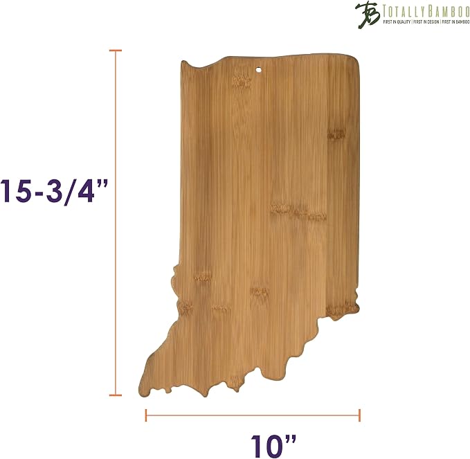 Totally Bamboo Indiana State Shaped Bamboo Serving and Cutting Board | State charcuterie board with natural bamboo grain. Knife-friendly surface for food prep. Hang tie for wall display.