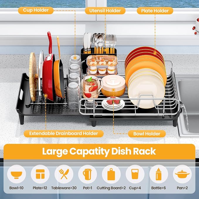 TOOLF Expandable Dish Drying Rack for Kitchen Counter, Black | Collapsible 16.7"-26.8", Stainless Steel Dish Dryer Rack Drainer for RV, Apartment, with Cutlery Holder, Fits for 3-4 People