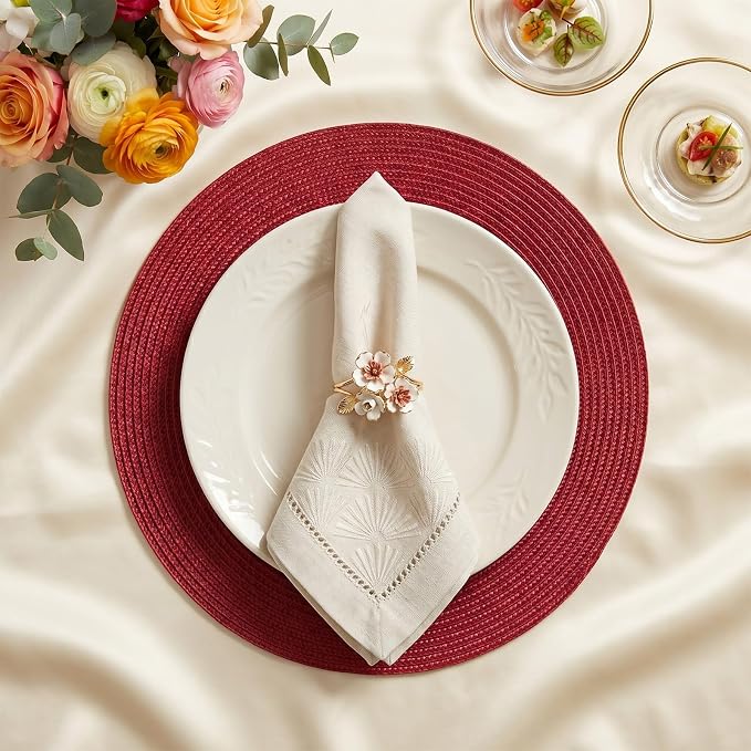 AHHFSMEI Round Placemats Set of 4 Heat Resistant Washable Non-Slip Woven Braided Table Mats for Dining Table Kitchen & Home Decor (Burgendy Red,4)
