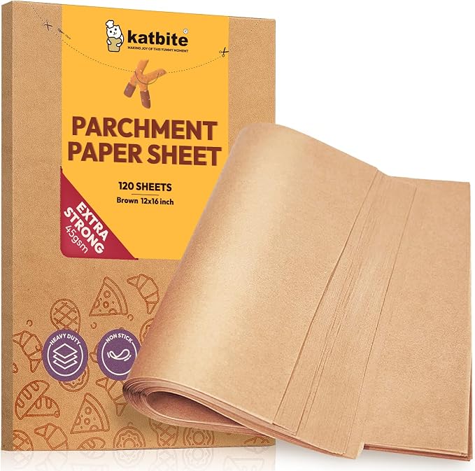 Katbite 120 Pcs Parchment Paper Baking Sheets, 12x16 Inch, Heavy Duty | Unbleached precut Non-Stick half sheet paper, ideal for baking, cooking, steaming and oven use