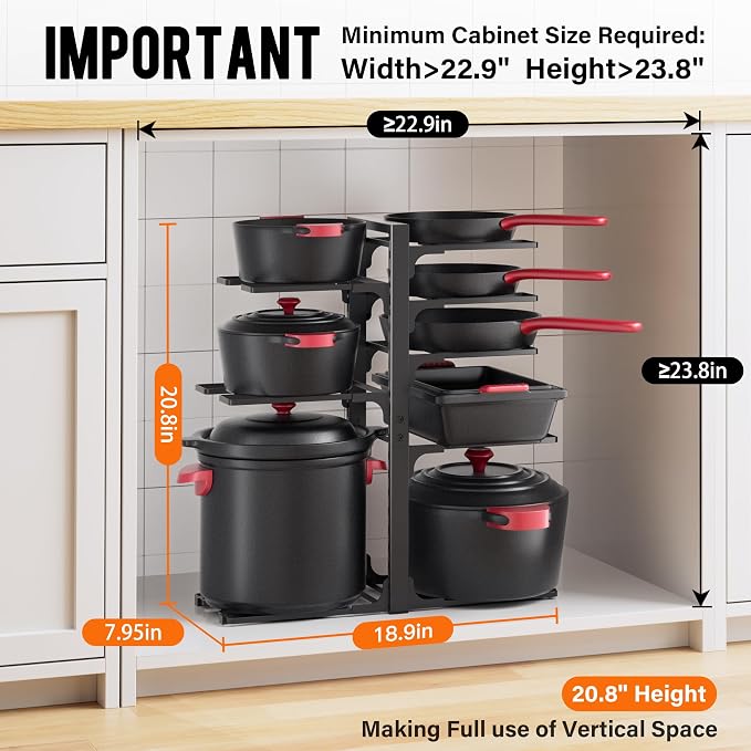 MUDEELA 8-Tier Heavy-duty pan organizers inside cabinet, 20.8" H Black | Adjustable 20.8" Height, Heavy-duty pot rack, Holds big stockpots, cookware & skillets, Fits countertops, Kitchen storage