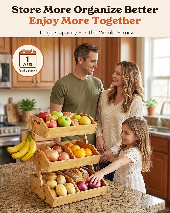 3-Tier Bamboo Fruit Basket with 2 Banana Holders | Large tiered organizer for bread, snacks, veggies. Sturdy bamboo, includes mats & dividers. Easy to assemble.
