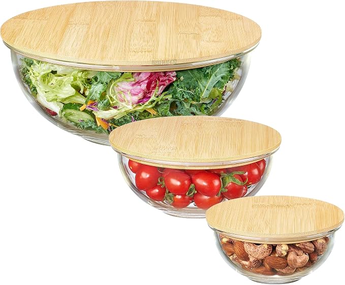 Vtopmart 3 Pack Glass Mixing Bowls with Bamboo Lids, Nesting Set | Kitchen Bowls for Mixing, Meal Prep, Serving & Baking, Space-Saving Nesting Design with Microwave and Dishwasher Safe Glass