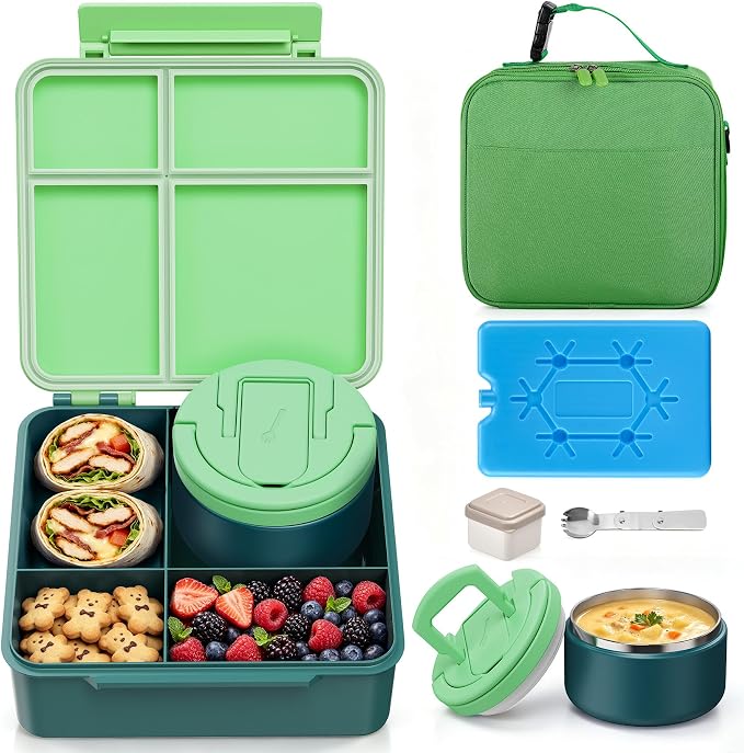 Bento Lunch Box Set with 8 oz Soup Thermo, Kids Leakproof 4 Compartments Hot Food Container with Sauce Cup, Ice Pack and Lunch Bag, Child Insulated Food Jar for School - Green