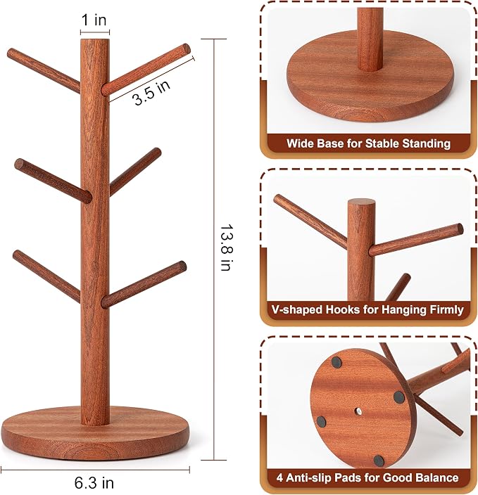 MyLifeUNIT Mug Holder Tree, Coffee Cup Holder with 6 Hooks (Reddish Brown) | Anti-slip padded bottom, space-saving compact design, easy air drying, sturdy tip-resistant structure