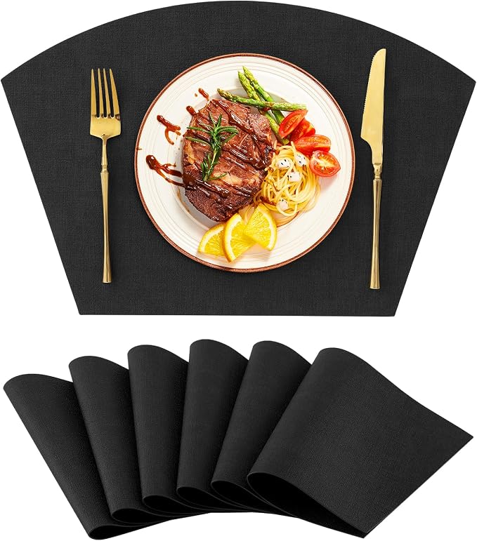Homaxy Wedge Faux Leather Placemats for Round Table, Set of 6, Black | Waterproof Wipeable Washable Table Mats, Easy to Clean Anti-Slip Place Mats, 11.8" x 17"